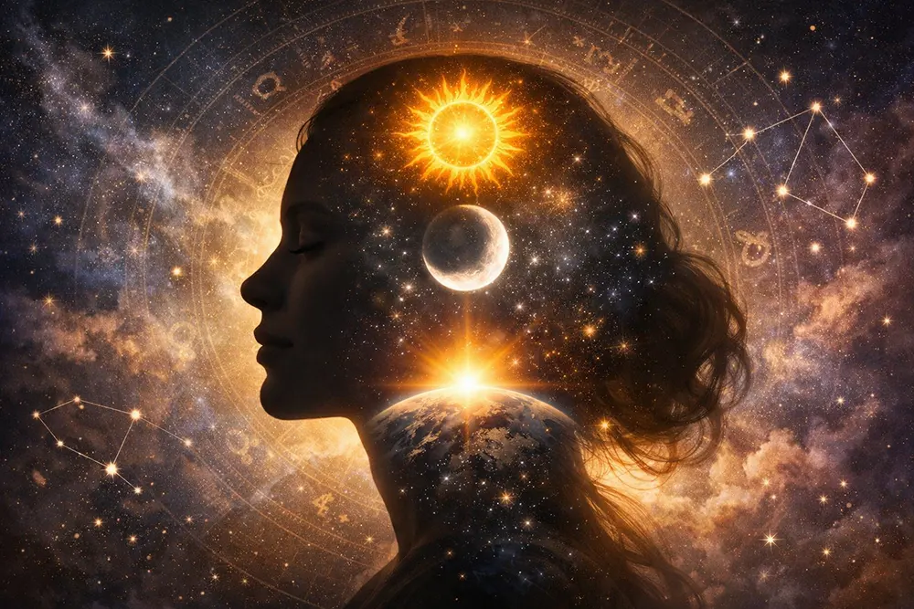 The official featured image blueprint for Big Three astrology mapping the integrated system of Sun, Moon, and Rising signs as a psychological soul bio-data framework.