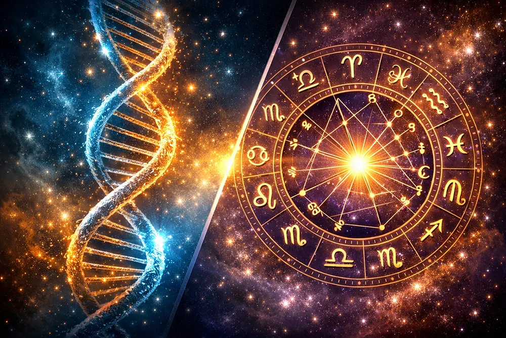 A visual comparison between biological DNA strands and a celestial birth chart wheel.
