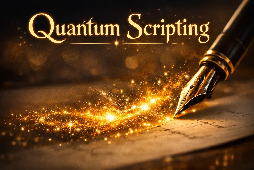 A fountain pen creating a glowing golden galaxy on paper through Quantum Scripting.
