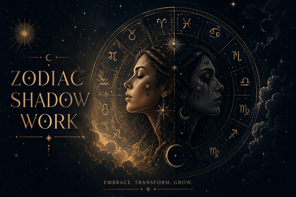 An artistic representation of a person looking at their reflected zodiac shadow self.