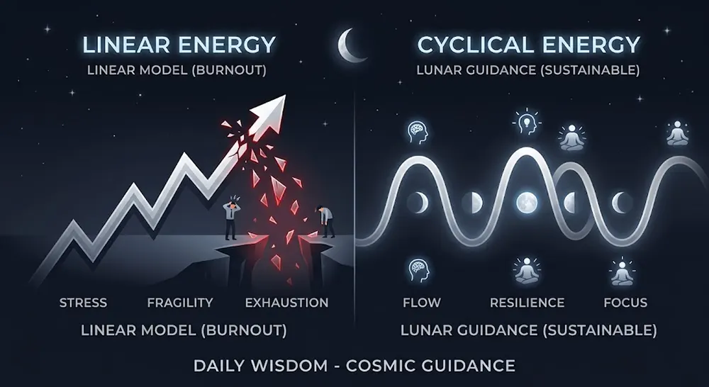 4 Powerful Lunar Guidance Rituals for Instant Mental Clarity & Focus Infographic comparing linear productivity burnout versus sustainable Lunar Guidance cycles.